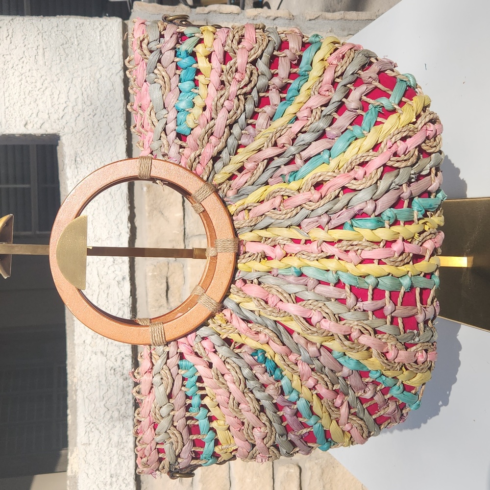 Patricia Nash Colorful Straw Weaved Tote with Wood Handles